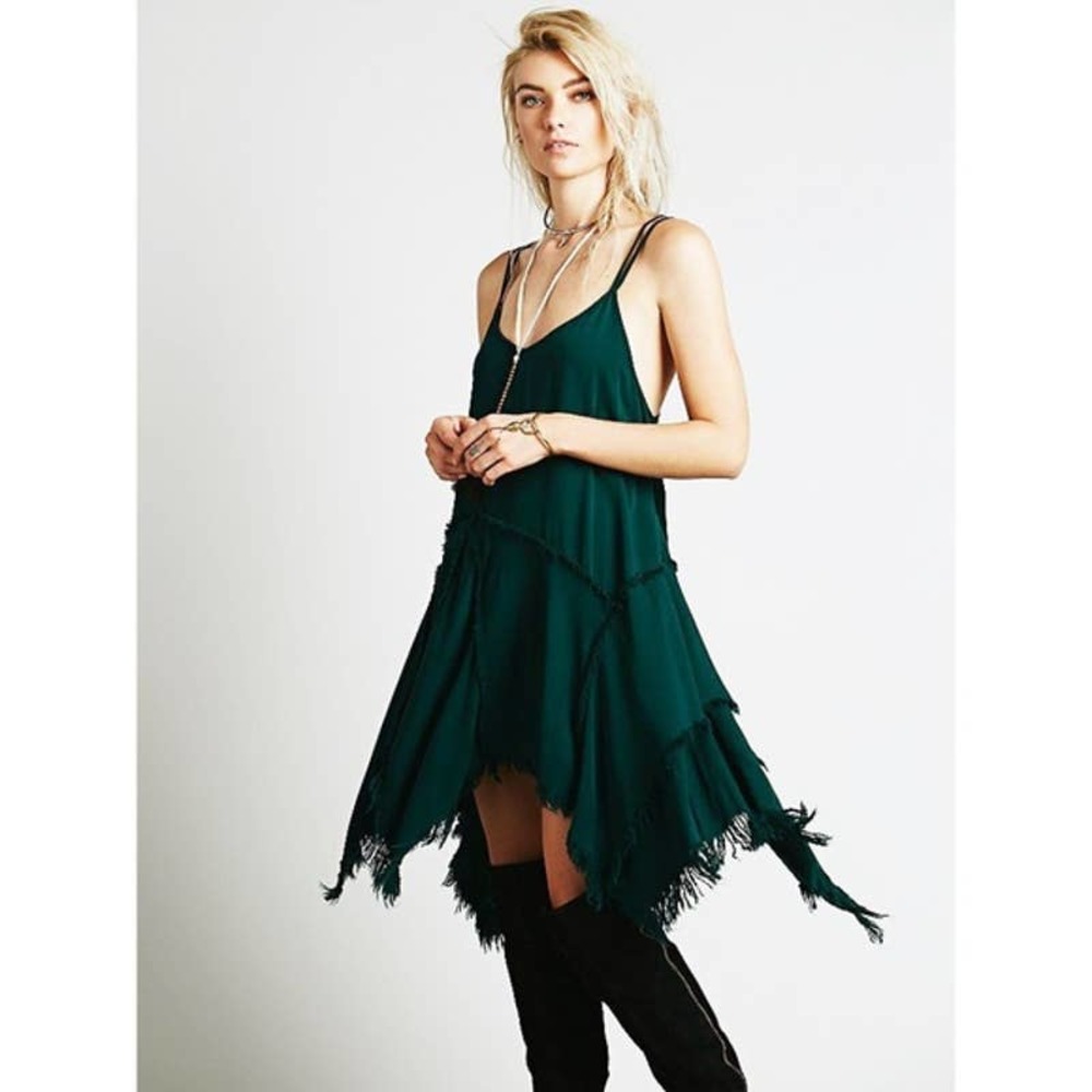 Free People Green Tattered Up Shred Slip Dress XS